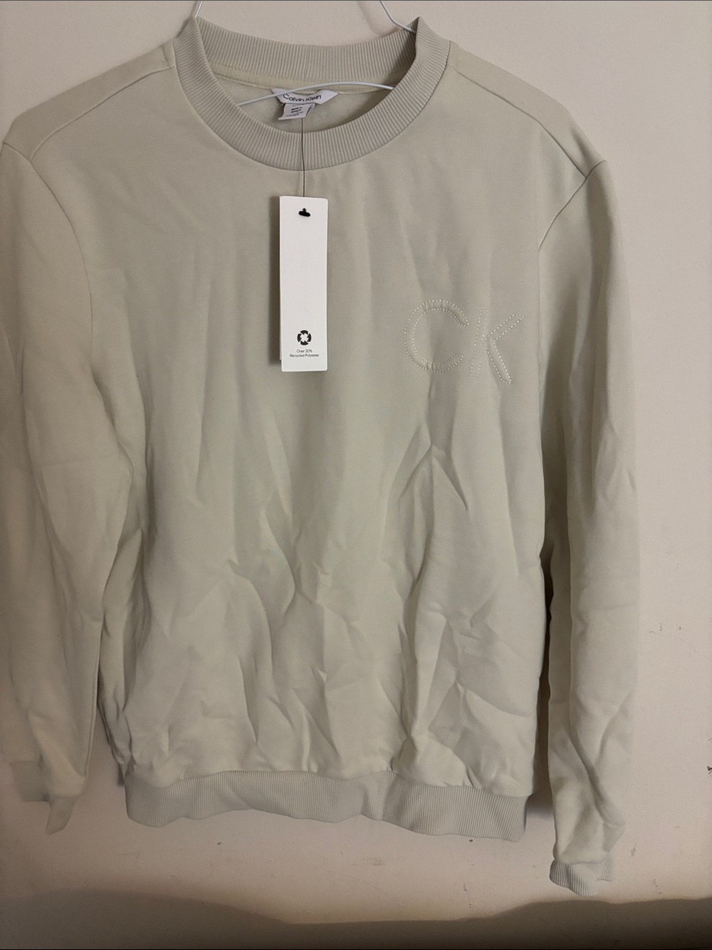 Calvin Klein Men’s Light Beige CK Logo Crewneck Sweater